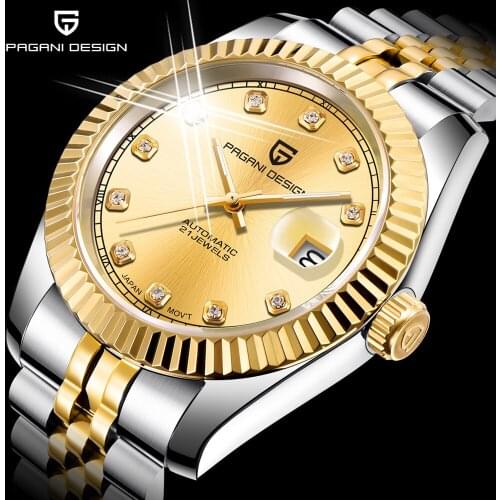 PAGANI DESIGN Mechanical Watch Men Top Brand Luxury Diamond Automatic Mens Watches Gold Steel 100m Waterproof Relogio Masculino