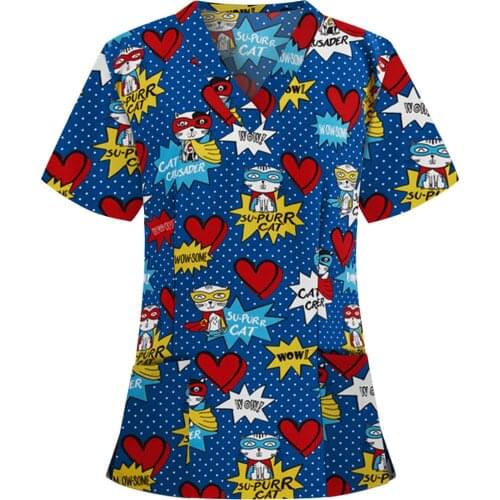 Cute Cartoon Print Nursing Scrubs Tops Women T Shirt Casual Short Sleeve Women Scrubs Uniforms Nurse V-neck Pocket Clothes A50