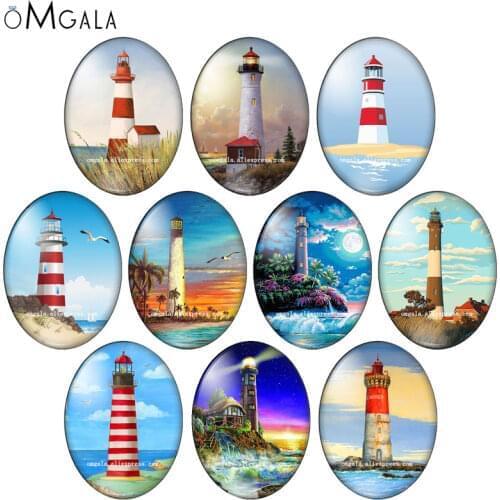 Cartoon Lighthourse and Sea Art Paintings Mixed 13x18mm/18x25mm/30x40mm Oval photo glass cabochon flat back Making findings