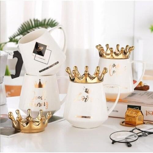 Coffee Mug with Crown Lid 320ml Porcelain Drinking Mug Gold-plated Ceramic Coffee Mug Milk Tea Cup for Home Office- White