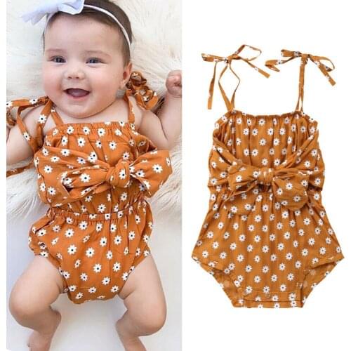 Baby Girls Print Sleeveless Knot Bow Romper Newborn Toddler Infant Romper Cute Lace up Cotton Jumpsuit Baby Clothing 0-24M