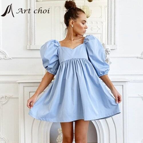 Summer Mini Puff Sleeve Dress Elegant Women High Waist A Line V Neck Vestido Party Sexy Ladies Loose Cotton Dresses Bubble Skirt