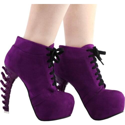 LF80702 SHOW STORY Punk Purple Lace-Up Gladiator Hidden Platform Bone Heels Ankle Bootie
