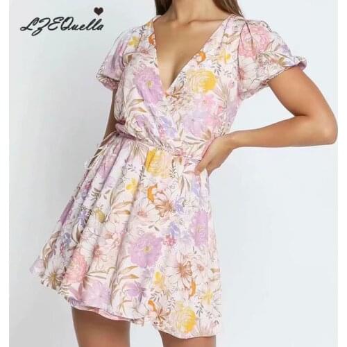 Floral Print A Line Mini wrap Boho Dress Women Short Sleeve V Neck Dresses Holiday High Waist Pleated Party Vestidos NZ3701