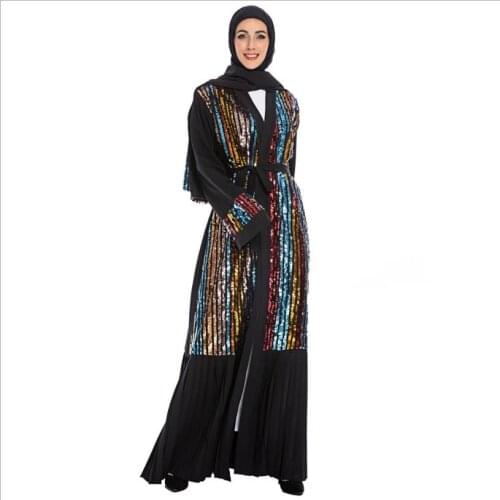 Muslim abayas sequined beading pleated islamic kimono Arab cardigan muslim Dress Musical Robe prayer ruffles swing Kaftan F1067