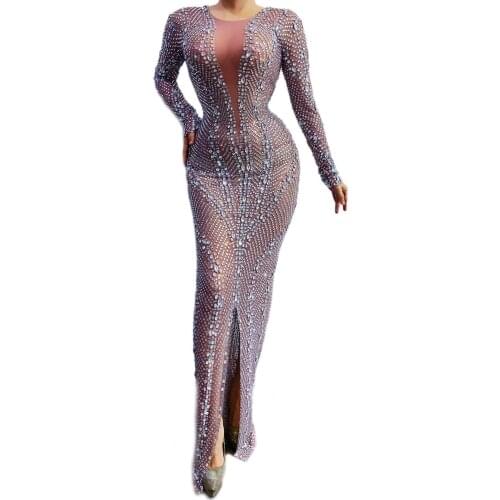 2020 New Flashing Silver Rhinestones Transparent Dress Womens Birthday Celebrate Dress Bar Latin Dancer Singer Long Dress