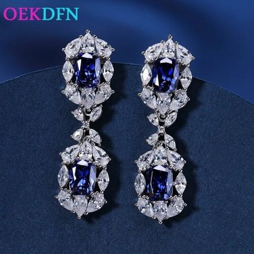 OEKDFN 100% 925 Sterling Silver Drop Earrings For Women Sparkling Sapphire Tanzanite Gemstone Party Weddding Fine Jewelry Gift