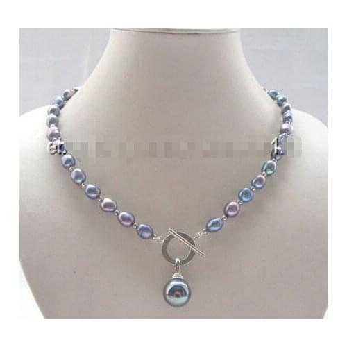 Wholesale good 18" 9-10mm black baroque freshwater pearl necklace 12mm sea shell pearl pendant style Natural Fine jewe FREE SHI