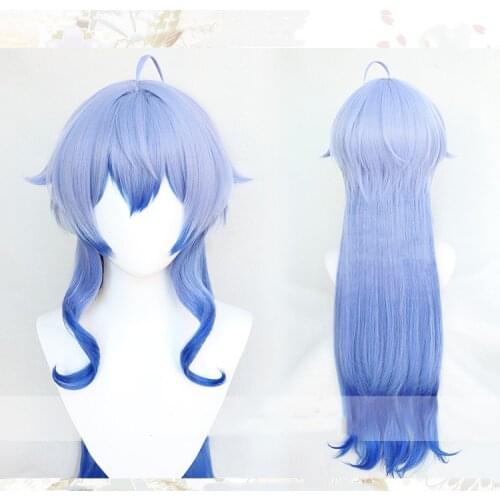 Game Genshin Impact Ganyu Cosplay Wig Long Mixed Blue Heat Resistant Synthetic Hair Wig + Wig Cap