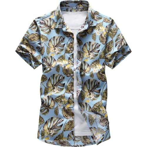 Men Fashion Leaves printed Hip hop Summer Slim Short sleeve shirts floral Hawaiian vacation casual shirt camisa masculina 7XL