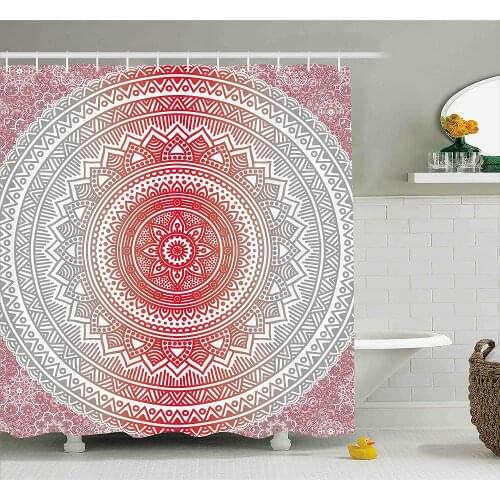 Grey and Red Shower Curtain Hippie Ombre Mandala Cosmos with Flower Geometric Figures Indie Image Bath Curtain For Bathroom