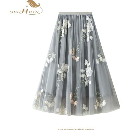 SISHION Flower Embroidery Skirt Summer Princess Tulle Skirts Womens Mesh A-line Saia Female Jupe Tutu Skirts Faldas Mujer VD2076