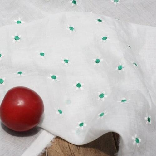 High quality ramie fabric Green flower embroidery tissu High grade dress shirt clothing sewing