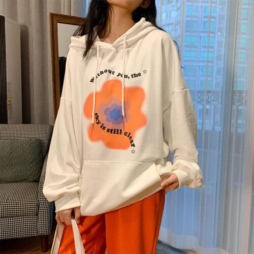 Spring Thin Oversized Hoodie Women Harajuku Crewneck Sweatshirt Flower Printing Loose Korean Pullovers Clothes for Teens