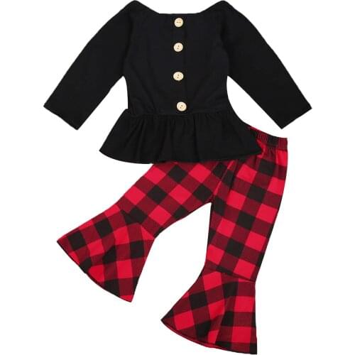 FOCUSNORM Christmas Infant Baby Girls Clothes Sets Long Sleeve Ruffles Button Tops Plaid Flare Pants 0-4Y