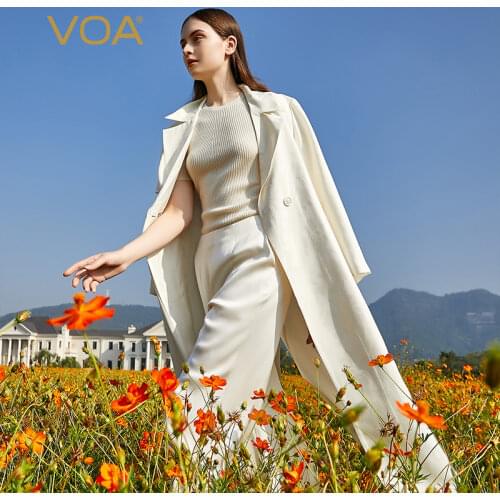 VOA 38m/m Silk Jacquard White Suit Collar Long Sleeve One Button Office Ladies Long Trench Coat FE70 Windbreaker Women