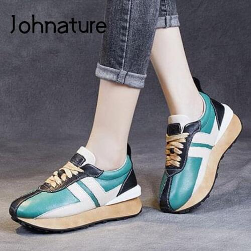Johnature Genuine Leather Mixed Colors Shoes Women Sneakers Lace-Up 2021 New Autumn Comfortable Leisure Concise Platform Sneaker