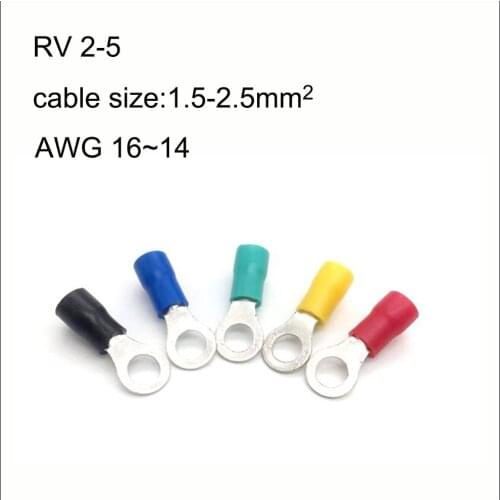 1000PCS copper insulated ring terminal RV2-5/3/4/5/6/8/10/12 AWG16-14 Imax 27A 1.5-2.5mm2 Cold pressed terminal O type