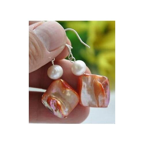 15MM orange square shell white round pearl DANGLE EARRING