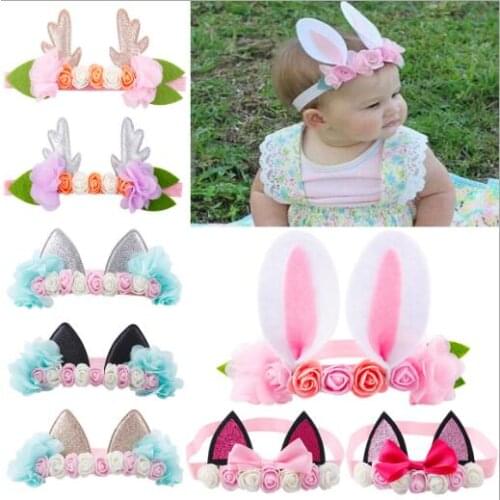 2017 New 5pcs/lot Rabbit Ear/Cat Ear Handmade Kids Rose Flower Headband Hairband Wreath Headdress Hair Band Accessories