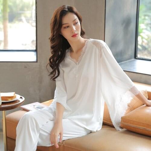 2021New Womens Pajamas Sets Spring Summer Autumn Ice Silk Imitation Silk Thin Household Clothes Nightgown Suit Female Sleepwear