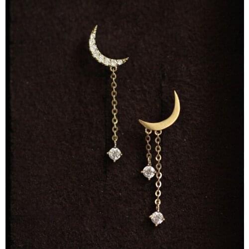 925 Sterling Silver Plated 14K Gold Zircon Asymmetric Tassels Elegant Wedding Moon Ear Stud Earrings Jewelry for Women Gift New