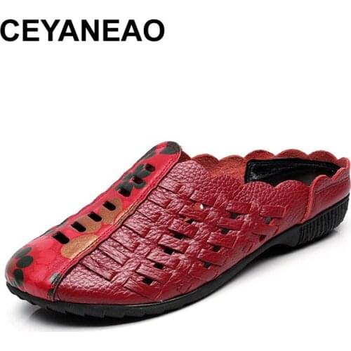 CEYANEAO New Mother Slippers Fashion Cut outs Ladies Slippers Genuine Leather Soft Comfortable Casual Large Size Shoes Woman