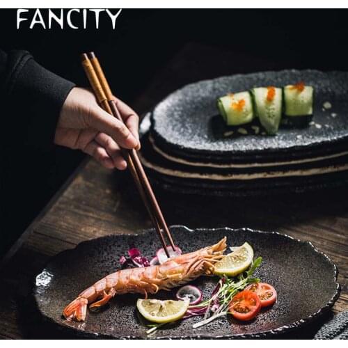 FANCITY Japanese black pearl ceramic tableware creative sushi plate irregular long plate Japanese dish dessert plate dumpling pl