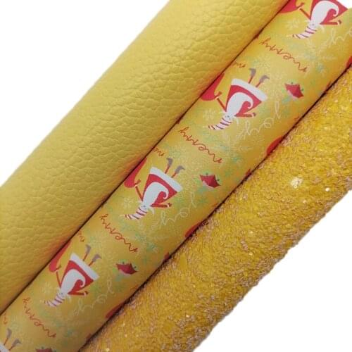Yellow Glitter leather, Snowman Printed Synthetic Leather Litchi Faux Fabric Sheet Felt Backing For Bows Earrings 21x29CM KM608