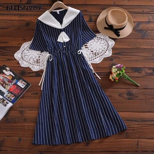 Mori Girl Summer Vintage Kawaii Dresses Ins Chic Sailor Collar Striped Midi Dress Female Sweet Harajuku Punk Clothes For Women