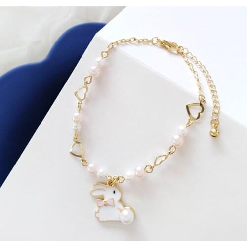 Cute Girl Animal Rabbit Pearl Gold Bracelet Creative Heart-shaped Metal Chain Accessories Fashion Womens Party Jewelry Gift