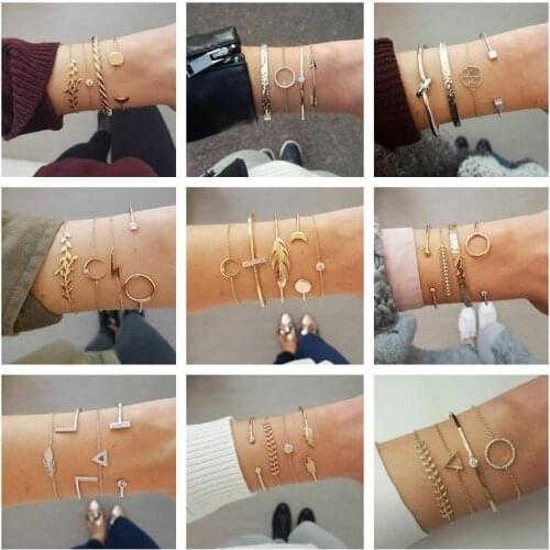 Fashion Leaves Bracelets For Women Moon Charm Bracelets Metal Cutout Friendship Bracelet Circle Adjustable Gold Color Jewelry