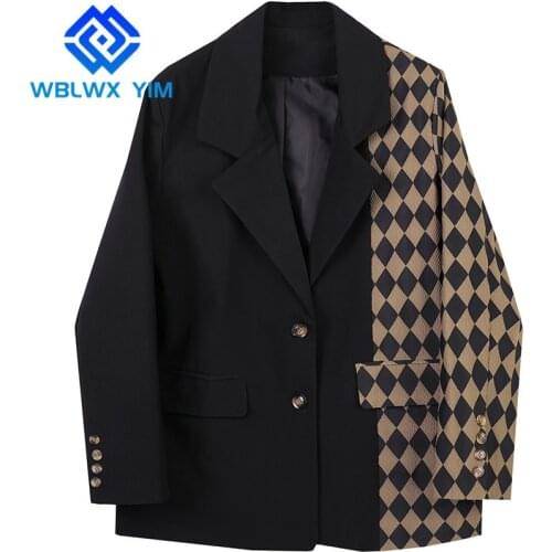 Fashion Plaid Patchwork Blazer Jacket Women High quality Single Button Black Suit Jacket Female Loose Plus size Blazers Coat