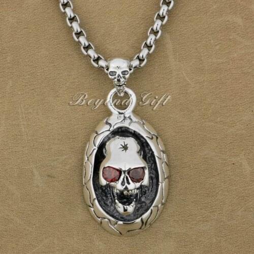 925 Sterling Silver Huge Heavy Red CZ Stone Skull Mens Pendant Biker Jewelry 9R005(Necklace 26inch)