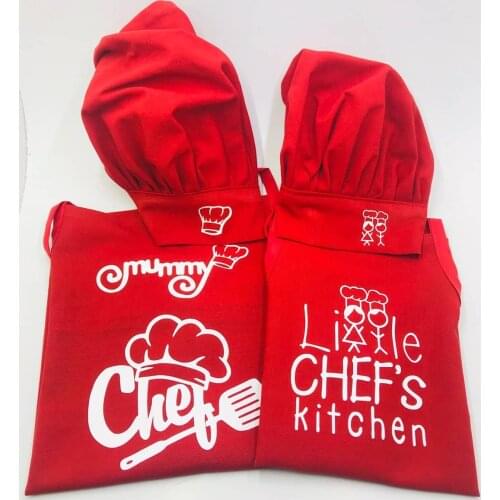 Mother-Child Kitchen Apron Set-Red Apron-White Print