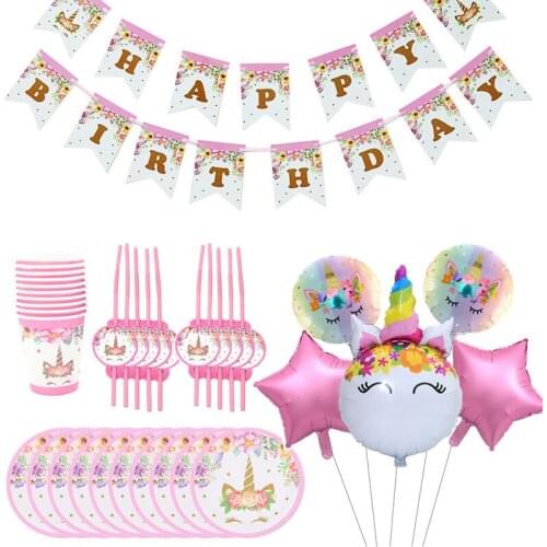 Girl birthday unicorn disposable tableware set cup napkin paper plate balloon unicorn party balloon decoration baby shower