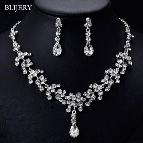 BLIJERY Classic Style Crystal Tassel Waterdrop Necklace Earring Set for Women Bridal Jewelry Sets Wedding Party Jewelry