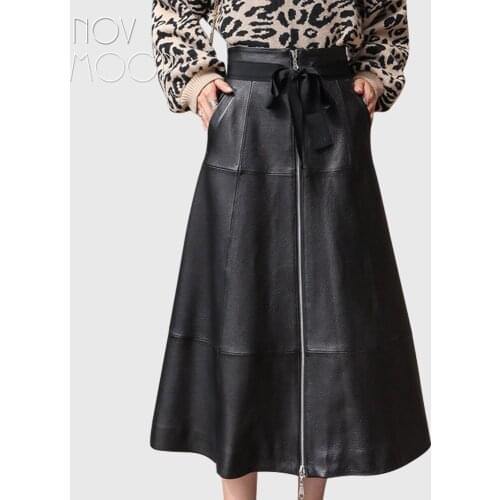 Novmoop genuine leather women fare skirt solid color sheepskin elegant waist bow decor office lady sweet style LT3537