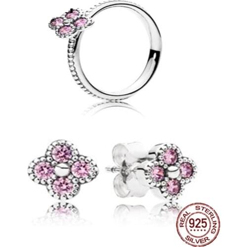 NEW 100% 925 sterling silver pink flower shaped zircon hollow elegant ring female models elegant noble ring Ear Studs