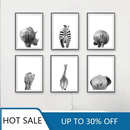 Safari Animals Butt Black White Wall ArtCanvas Painting Poster Prints Bathroom Pictures Elephant Giraffe Zebra Nursery Room Deco