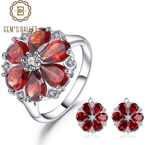 GEMS BALLET 100% 925 Sterling Silver Earrings Ring Set Natural Red Garnet Flower Jewelry Sets For Women Engagement Fine Jewelry