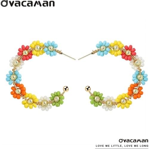 Dvacaman New Design Beaded Flower Geometric Hoop Earrings for Women Bohemian Handmade Seed Beads C-Shaped Earrings Jewelry Party