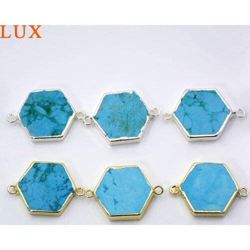 Hexagon Howlite Turquoises Connectors With silvers Gold Electroplated Double Bails Charm Links Handmade Gem stone Jewelry