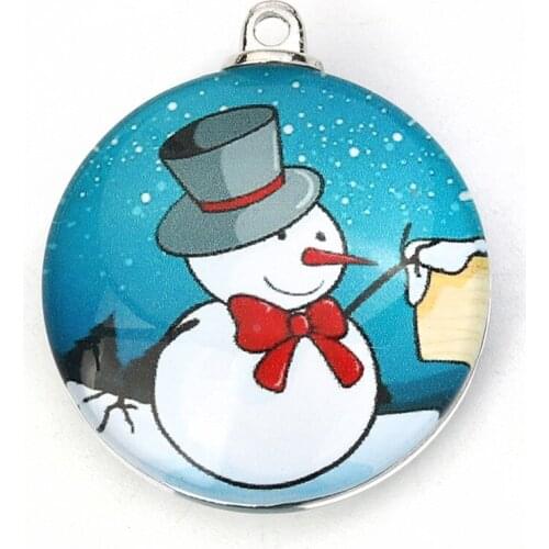 DoreenBeads Glass Pendants Blue Round Christmas Snowman Reindeer Santa Claus DIY Findings 35mm(1 3/8") x 30mm(1 1/8"), 5 PCs