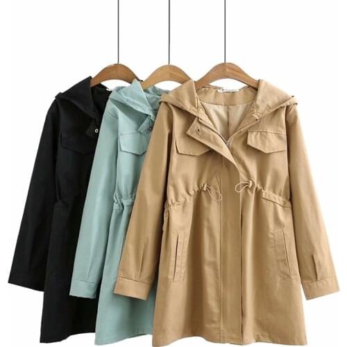 XL Oversize Womens Trench Coat New 2021 Spring Autumn Outerwear Mid-Length Hooded Casual Women Windbreaker Coat Khaki Black 4XL