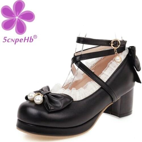 Lolita Shoes Japanese Princess Jk Sweet Bow Loli Daily Round Head Doll Shoes Bowknot Kawaii Girls Mary Jane Vintage Court Pumps