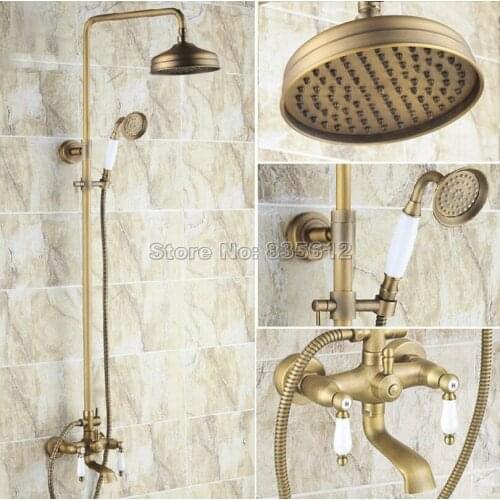 Bathroom Dual Ceramic Handles Bathtub Mixer Tap & 8 inch Shower Head Wall Mounted Antique Brass Rain Shower Faucet Set Wrs147
