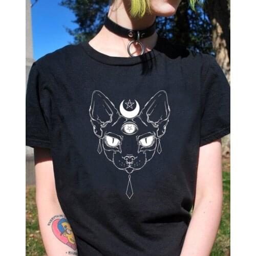 Gothic Pentagram Moon Cat t-shirt funny unisex women tumblr graphic 100% Cotton fit grunge hipster casual Fashion tee top tshirt