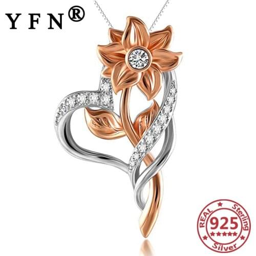 YFN 925 Sterling Silver Necklaces Heart&Sunflower Silver 925 Womens Jewelry Crystal Zircon Necklace Pendants Mothers Day Gifts