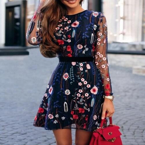 AECU Sexy Women Floral Embroidery Lace Dress Sheer Mesh Summer Mini A-line Dress See-through Dress 2021 Vestidos De Festa